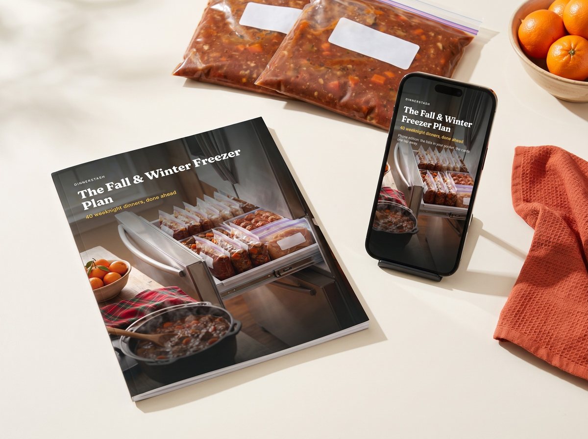 The Fall & Winter Freezer Plan in its print and phone editions, with flat labeled freezer bags